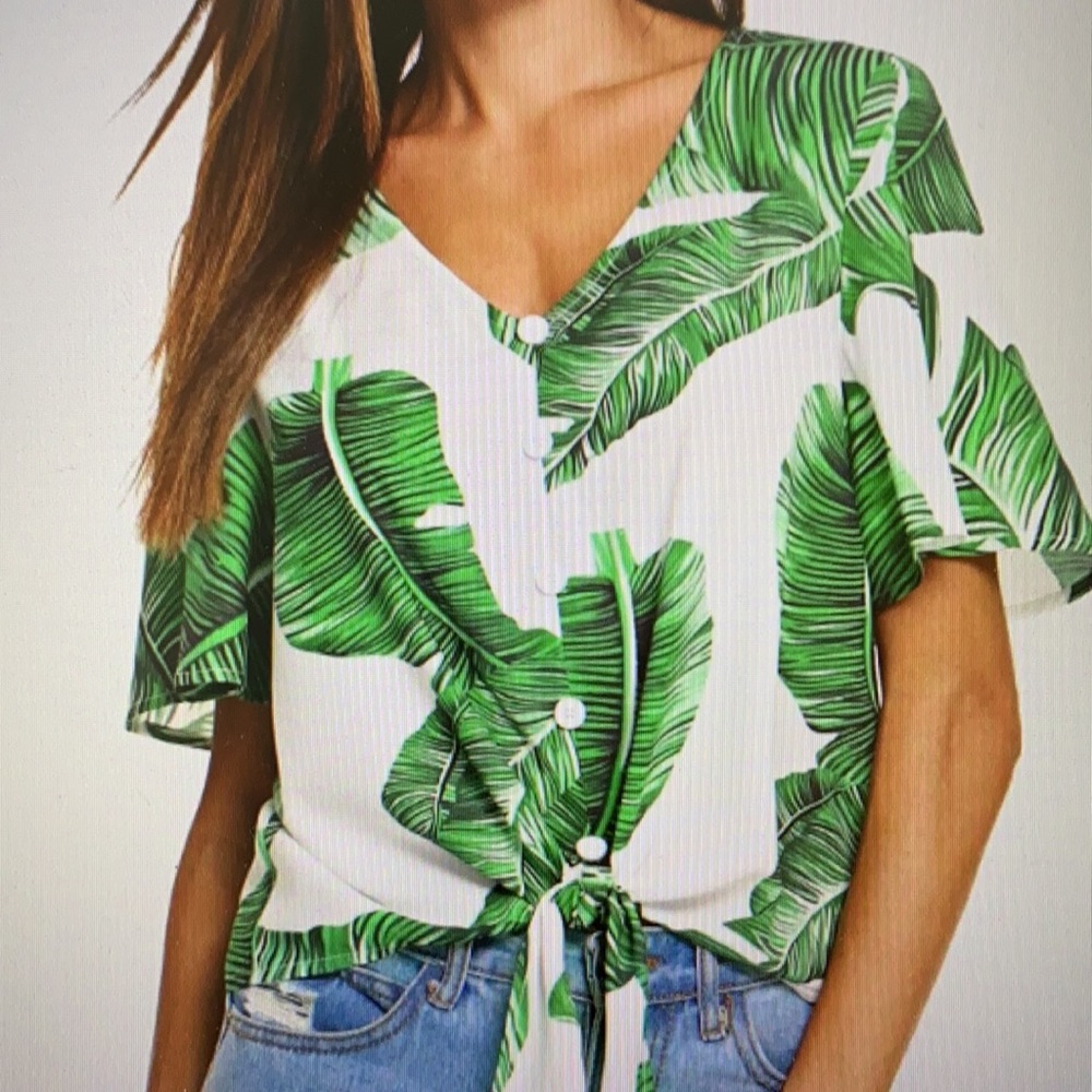 Shein Button Through Knot Front Leaf Top